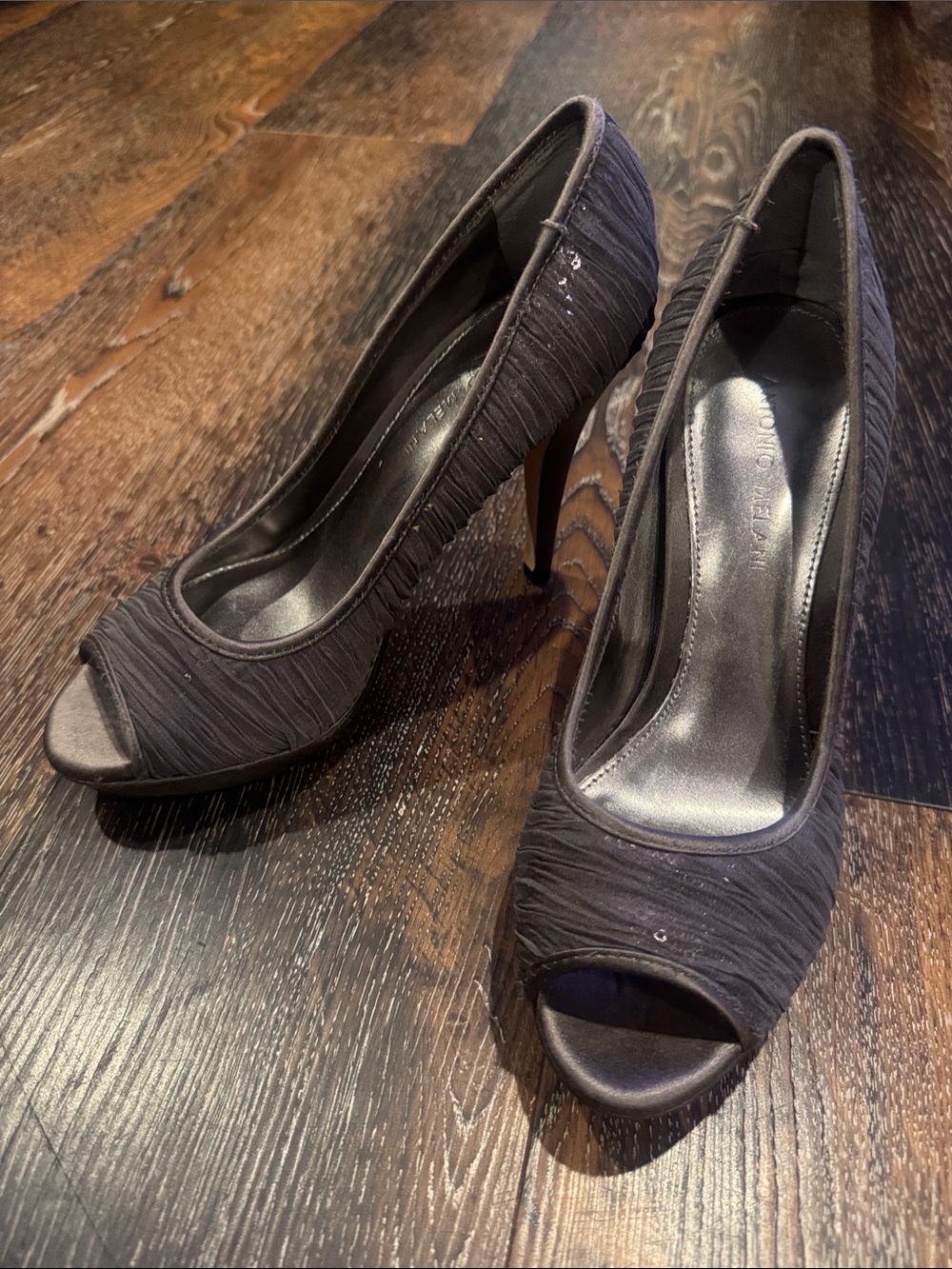 ANTONIO MELANI Brown Ruched Peep-Toe Heels